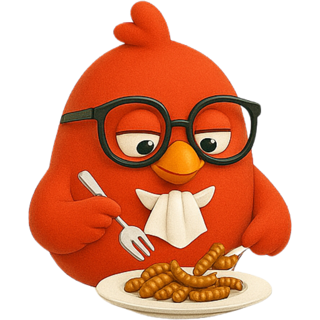 Cute orange chicken character with glasses eating food