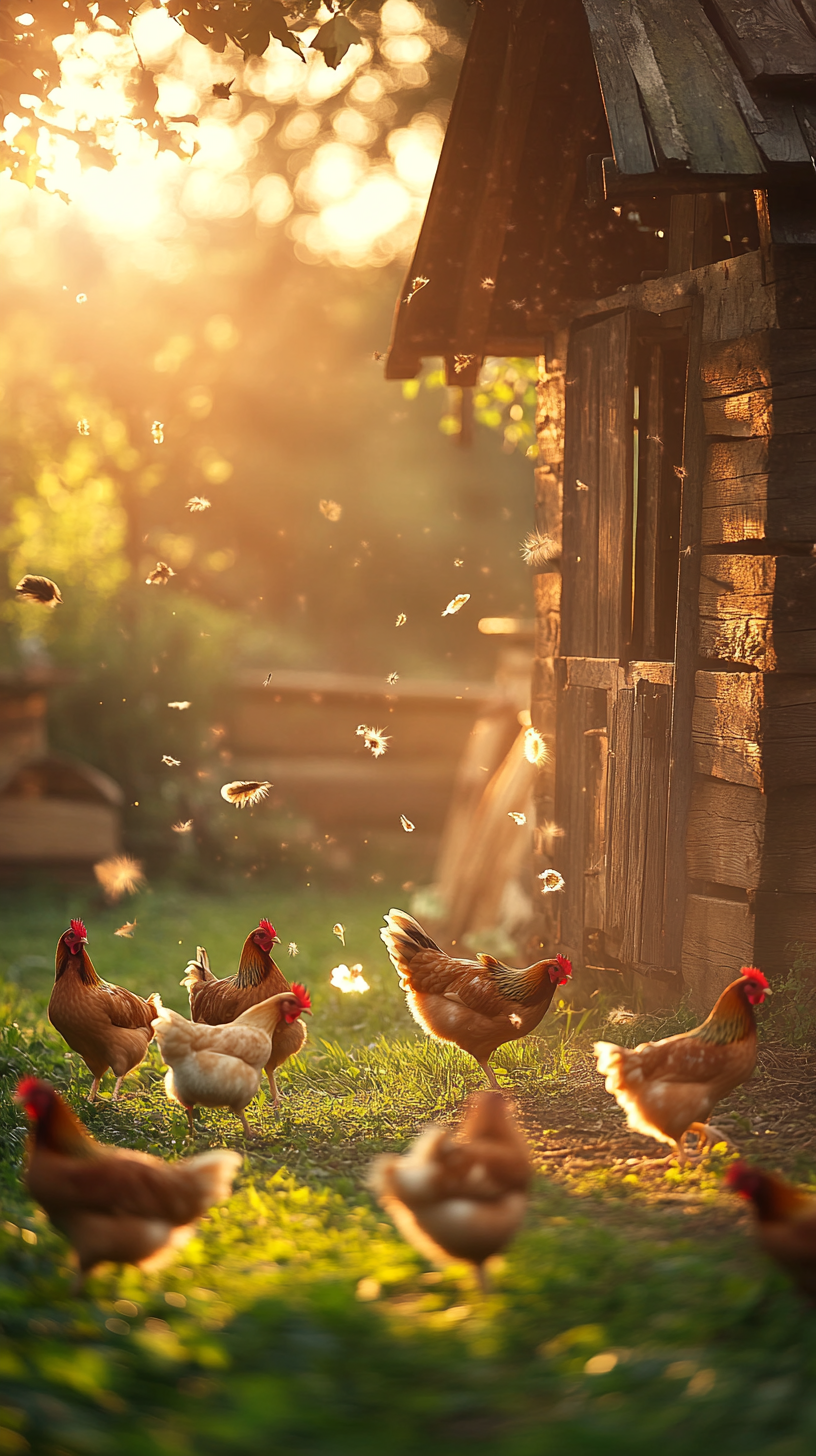 Chickens in golden sunlight at wooden coop