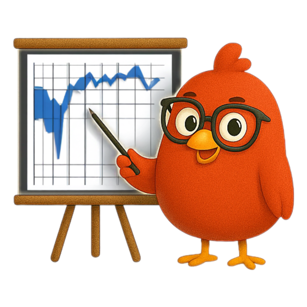 Chicken character with financial charts and glasses