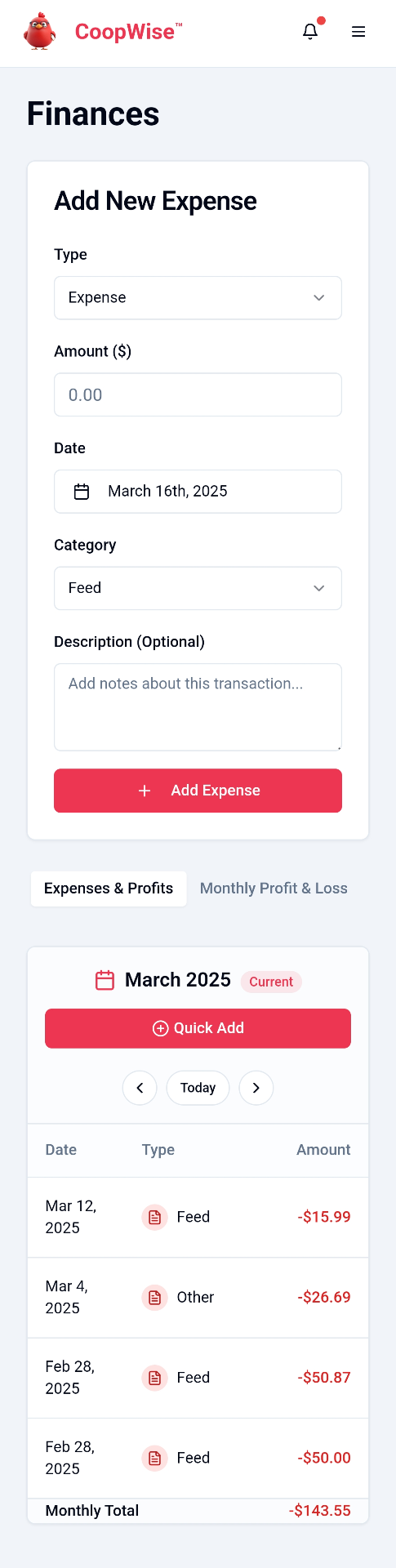 Financial tracking interface showing income and expense records