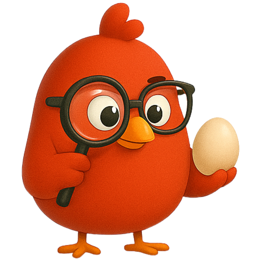 Cute chicken with magnifying glass and egg