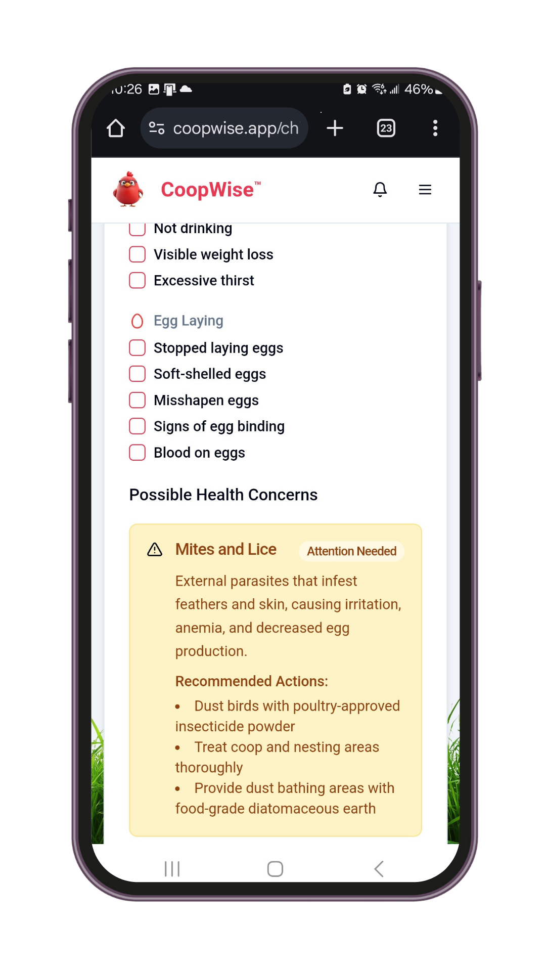 CoopWise mobile app showing chicken health checker interface